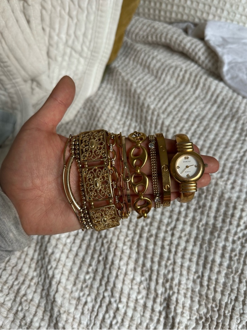 Gold Tone Mixed Bracelet Stack with Small Round Watch - Picture 2 of 3